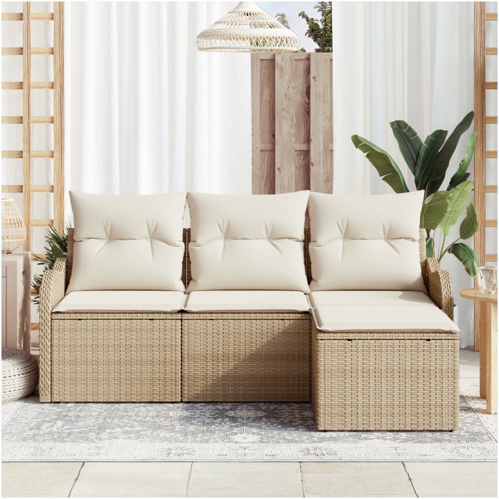 4-delat trädgårdsoffapaket med kuddar beige poly rotting vidaXL Stor – bild 3
