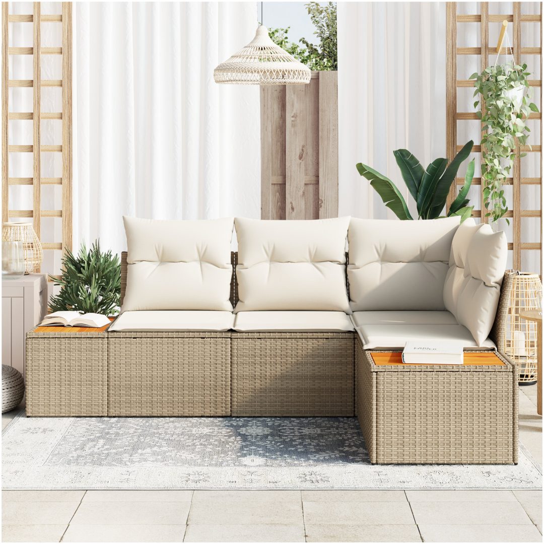 4-delat trädgårdsoffapaket med kuddar Beige polyrotting akacia vidaXL 209 x 154 x 69 cm – bild 3