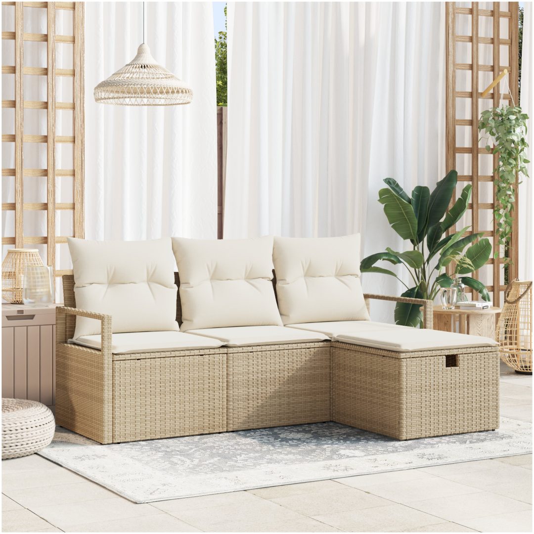 4-delat trädgårdsoffaset med kuddar beige poly rotting vidaXL Standard