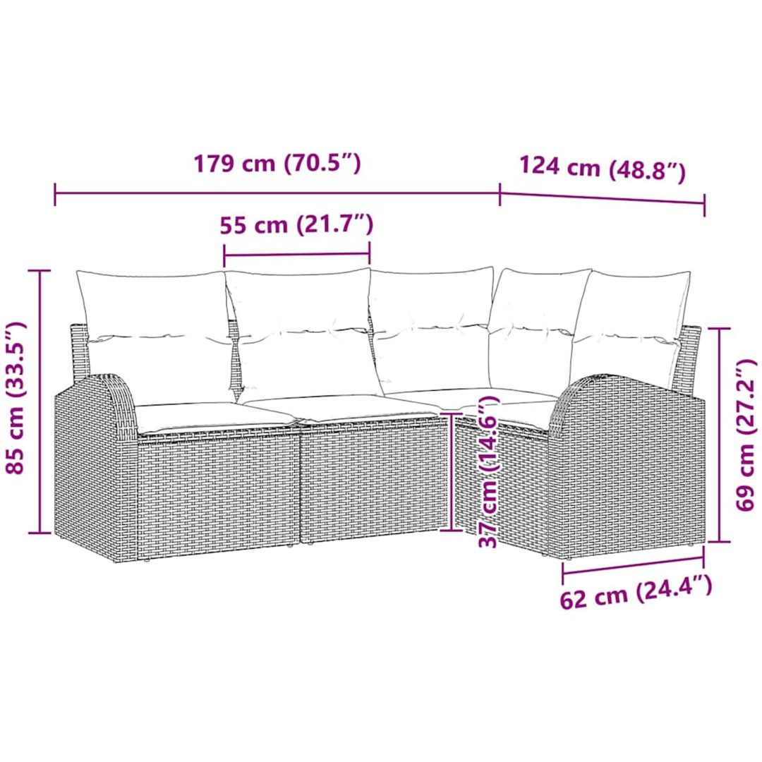 4-delat trädgårdsoffaset med kuddar i beige poly-rotting vidaXL 179 x 124 x 85 cm – bild 8