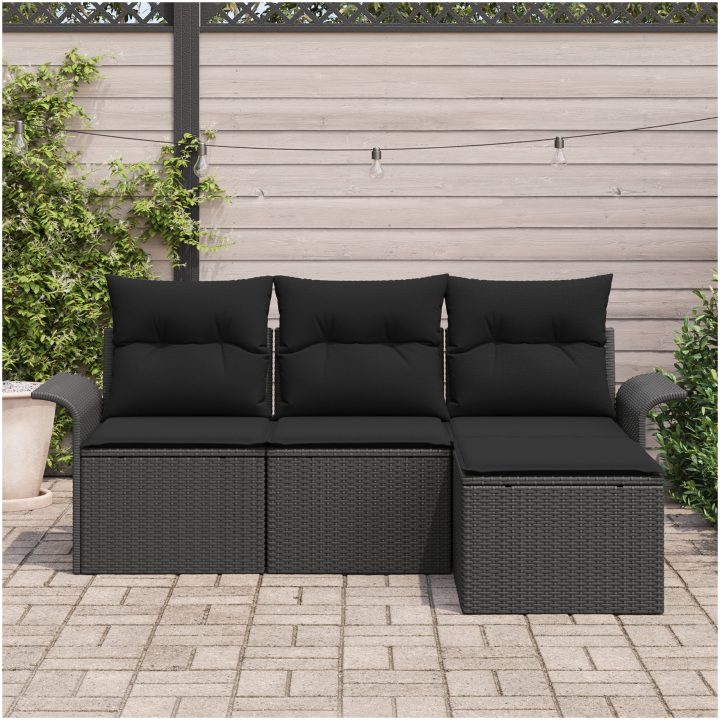 4-delat trädgårdsoffaset med kuddar svart poly rotting vidaXL Standard – bild 3