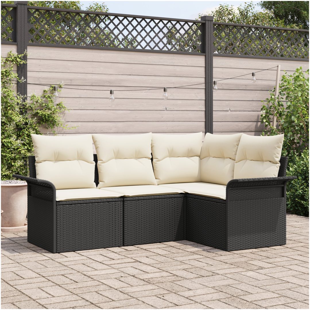 4-delat trädgårdsoffaset med kuddar svart polyrotting vidaXL 187.5 x 132.5 x 85 cm