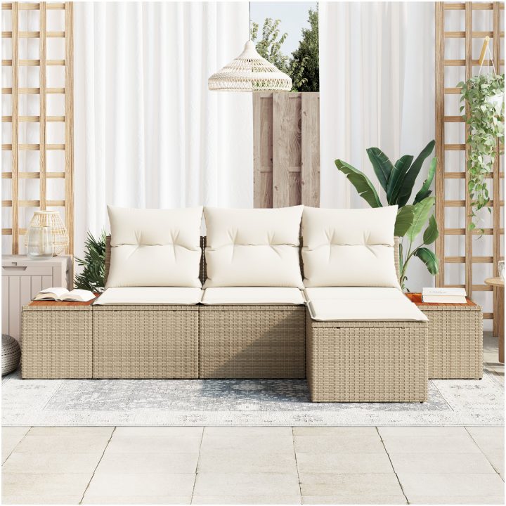 4-delat trädgårdsoffasett med kuddar Beige poly-rattan akacia vidaXL 239 x 117 x 37 cm – bild 3