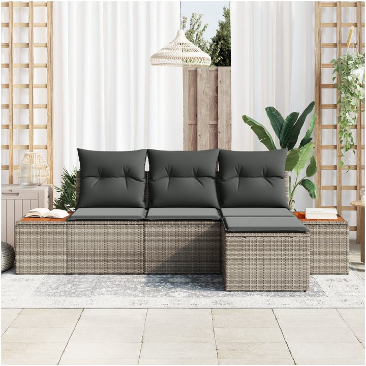 4-delat Trädgårdssoffa set med kuddar Grå Poly Rattan Akacia vidaXL 239 x 117 x 37 cm – bild 3
