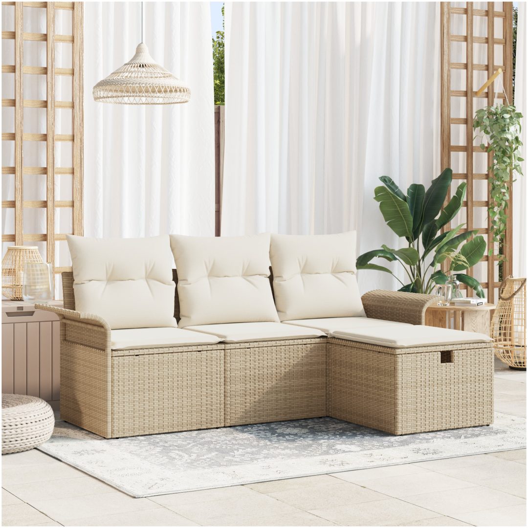 4-delat trädgårdssoffset med dynor Beige Poly Rattan vidaXL 196 x 117 x 85 cm
