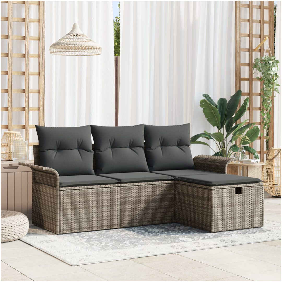 4-delat Trädgårdssoffset med Dynor Grå Poly Rattan vidaXL 196 x 117 x 85 cm