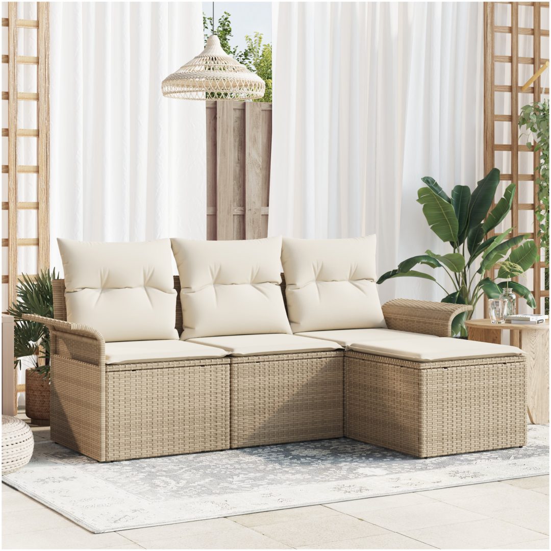 4-delat Trädgårdssoffset med Kuddar Beige Poly Rattan vidaXL 55 x 55 x 37 cm