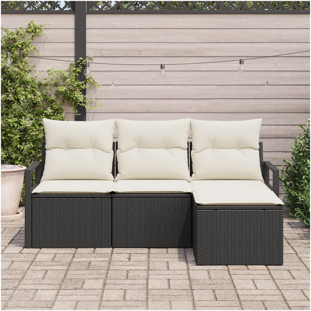 4-delat trädgårdssoffset med kuddar svart poly rattan vidaXL Medium – bild 3