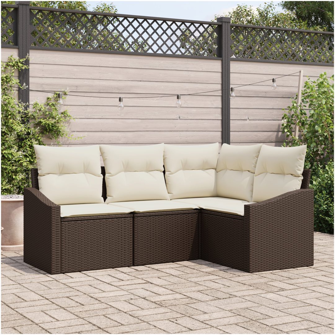 4-delat utemöbelset med kuddar i brun poly-rattan vidaXL 178.5 x 123.5 x 85 cm