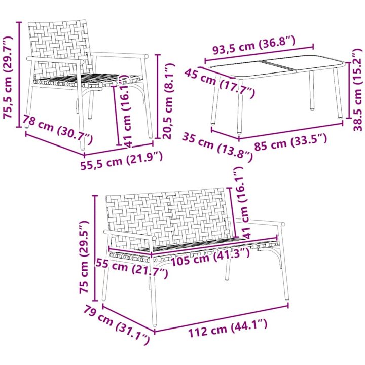 4-delat utomhus kaffebordset i brunt rotting och stål vidaXL 55.5 x 78 x 75.5 cm, 112 x 79 x 75 cm, 93.5 x 45 x 3 – bild 11
