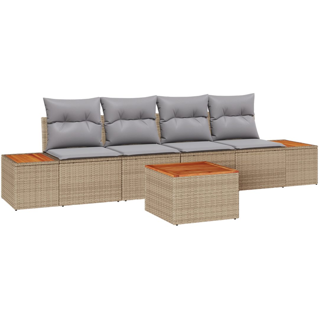 5 Dela Soffset med Kuddar - Beige Poly Rattan och Akacia vidaXL 55 x 55 x 37 cm – bild 2