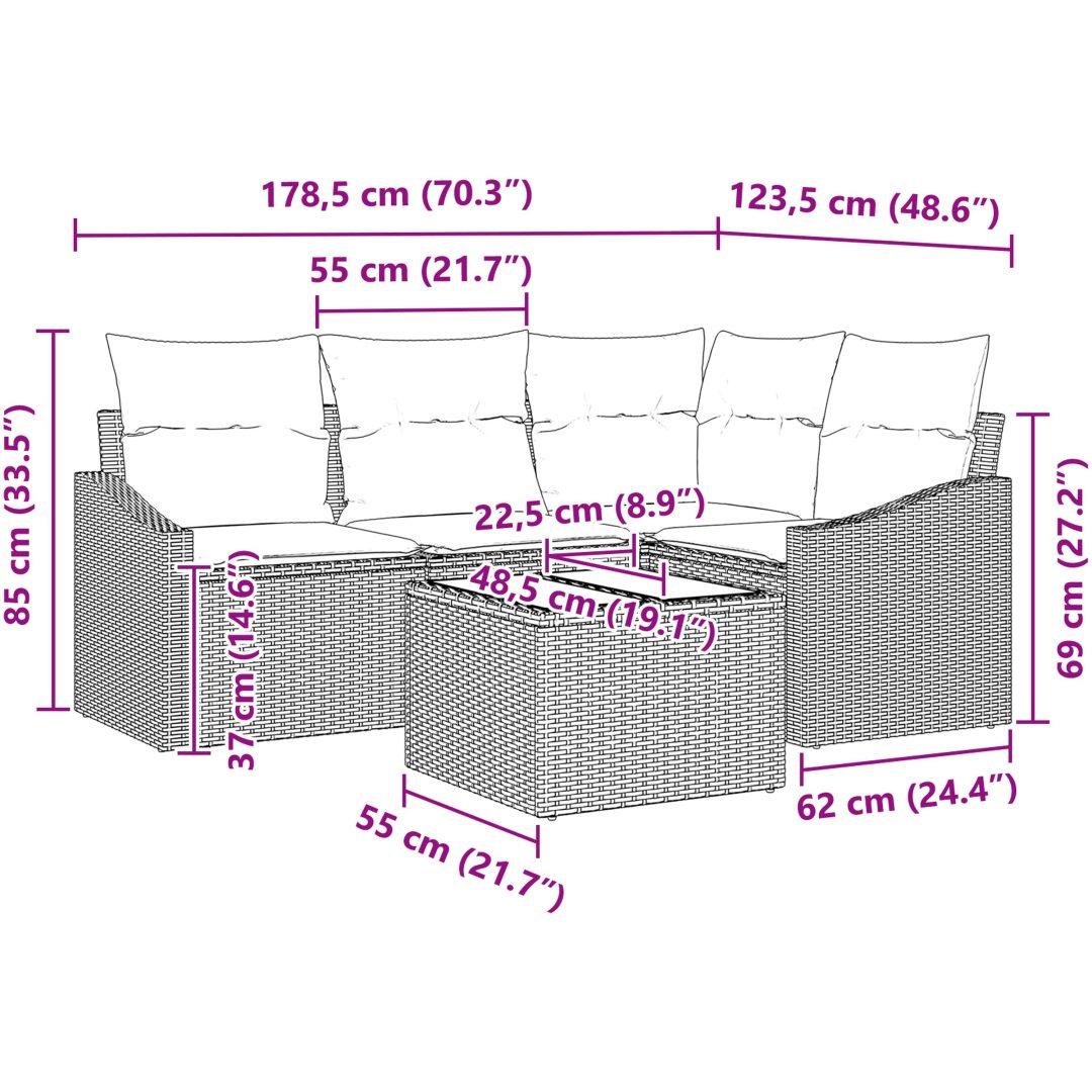5-delad soffgrupp med kuddar i svart polyrotting vidaXL 178.5 x 123.5 x 85 cm – bild 9
