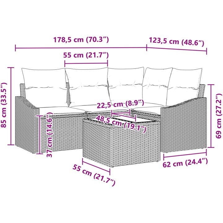 5-delad soffgrupp med kuddar i svart polyrotting vidaXL 178.5 x 123.5 x 85 cm – bild 9
