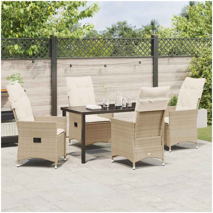 5-delad Trädgårds Matgrupp med Kuddar i Beige Poly Rattan vidaXL 140 x 70 x 73 cm – bild 4