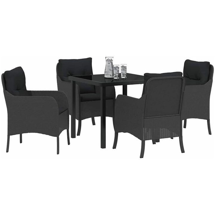 5-delad trädgårdsmatgrupp med kuddar Svart Poly Rattan vidaXL 80 x 80 x 73 cm – bild 3