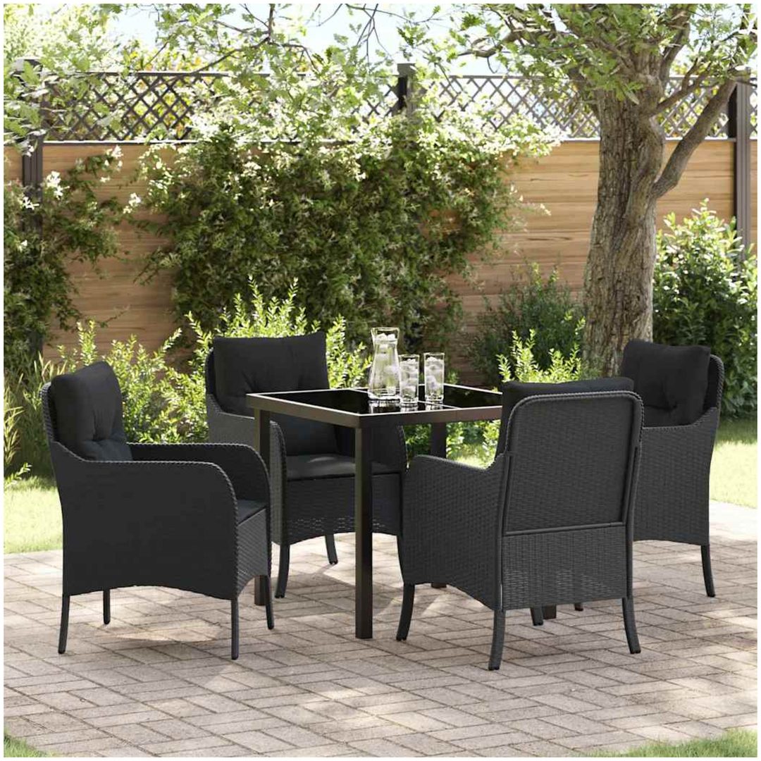 5-delad trädgårdsmatgrupp med kuddar Svart Poly Rattan vidaXL 80 x 80 x 73 cm