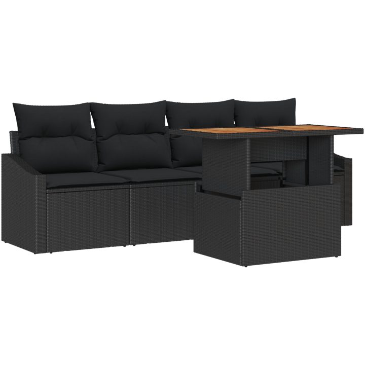 5-delad trädgårdsmatgrupp med svarta kuddar, poly rattan och akacia vidaXL 100 x 55 x 73 cm – bild 2