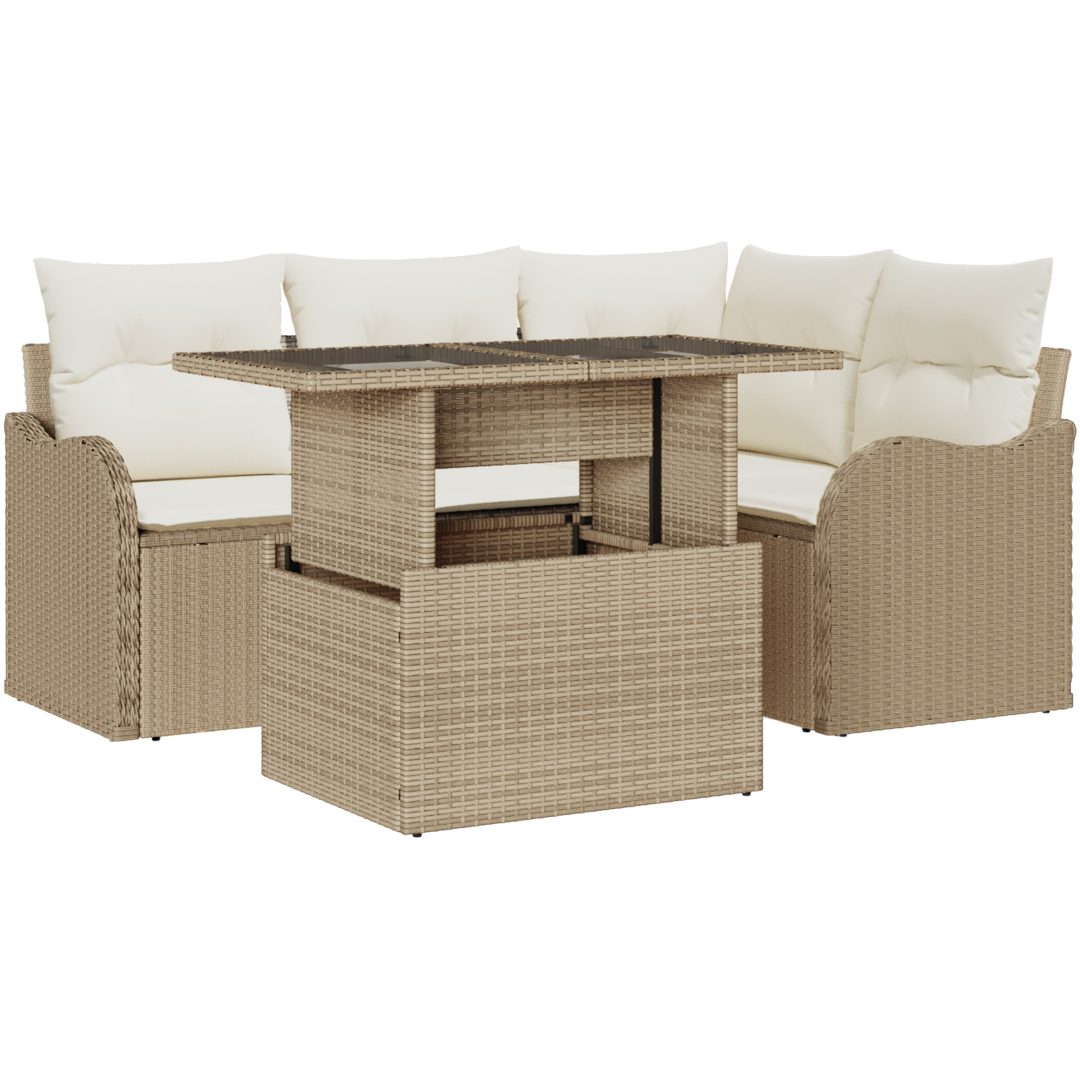 5 Delad Trädgårdsoff Grupp med Kuddar Beige Poly Rattan vidaXL Medium – bild 2