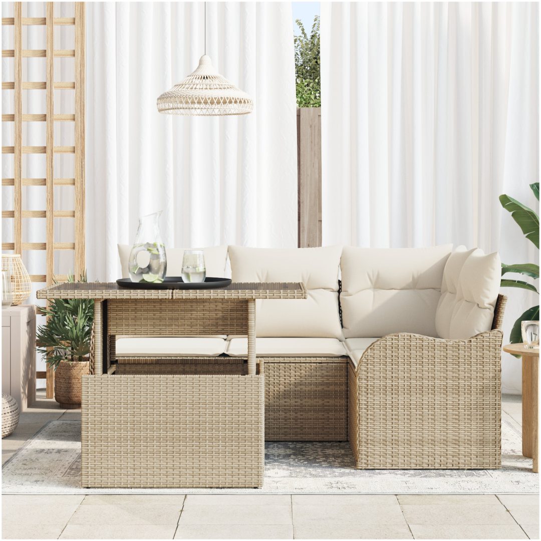 5 Delad Trädgårdsoff Grupp med Kuddar Beige Poly Rattan vidaXL Medium – bild 3