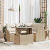 5 Delad Trädgårdsoff Grupp med Kuddar Beige Poly Rattan vidaXL Medium – miniatyr 1