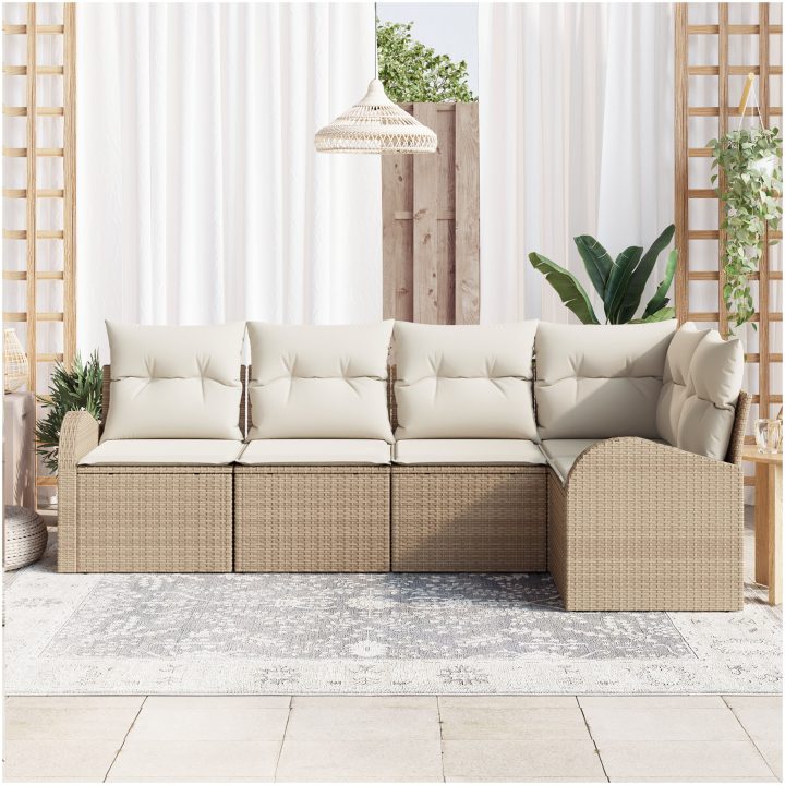 5-delad trädgårdsoffa med kuddar beige poly rattan vidaXL Medium – bild 3
