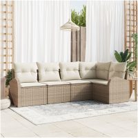 5-delad trädgårdsoffa med kuddar beige poly rattan vidaXL