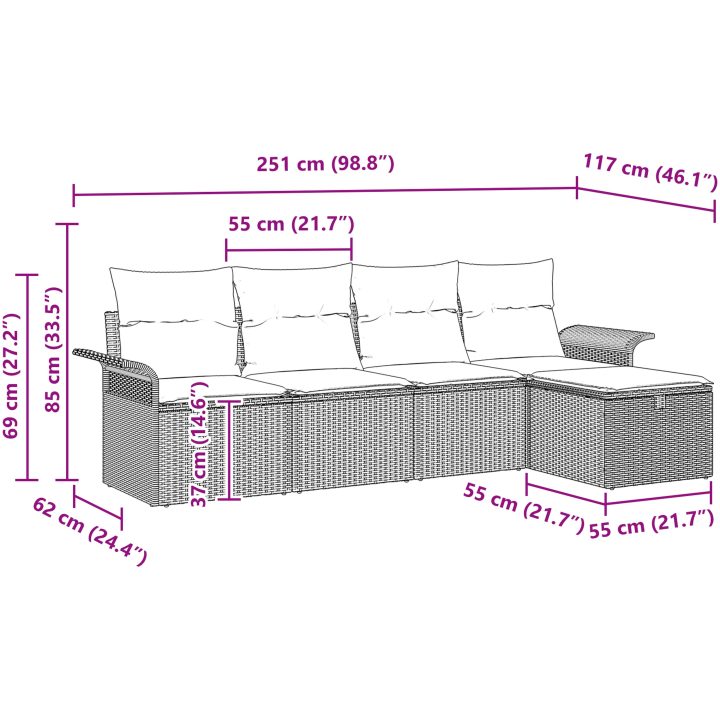 5-delad trädgårdsoffa med kuddar grå poly rattan vidaXL 251 x 117 x 85 cm – bild 9