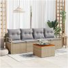 5-delad trädgårdsoffagrupp med kuddar Beige Poly Rattan Akacia vidaXL Standard – miniatyr 1