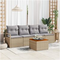 5-delad trädgårdsoffagrupp med kuddar Beige Poly Rattan Akacia vidaXL