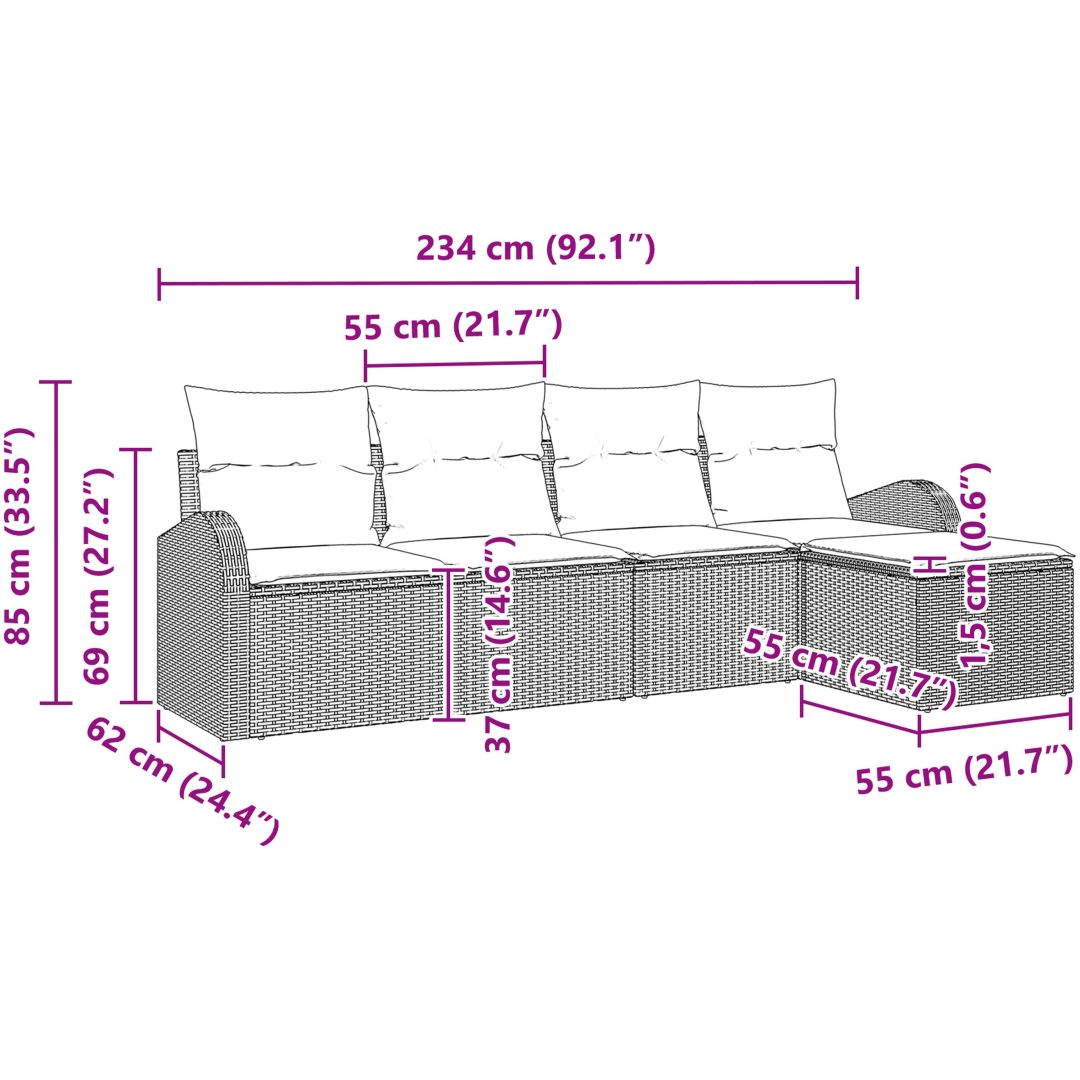 5-delad trädgårdsoffagrupp med kuddar brun poly rattan vidaXL 234 x 117 x 85 cm – bild 11