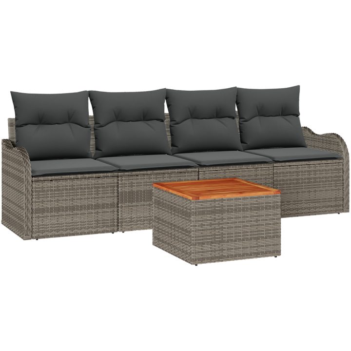 5-delad Trädgårdsoffagrupp med kuddar Grå Poly Rattan Akacia vidaXL Enkel, 121 x 62 x 69 cm, 55x55x37 cm – bild 2
