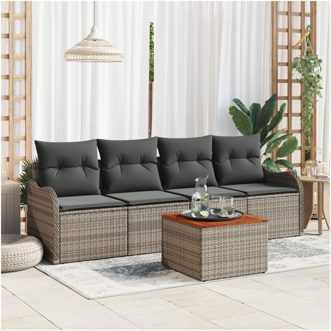 5-delad Trädgårdsoffagrupp med kuddar Grå Poly Rattan Akacia vidaXL Enkel, 121 x 62 x 69 cm, 55x55x37 cm