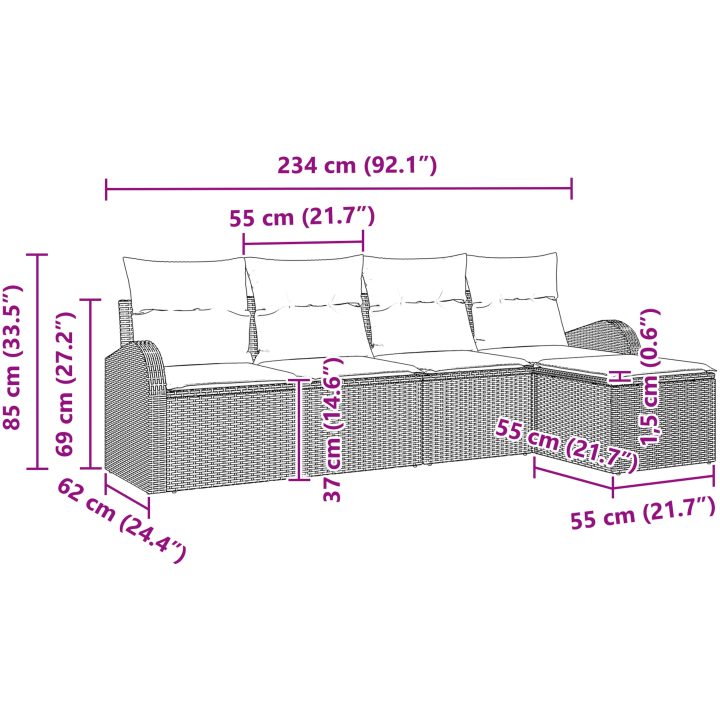 5-delad trädgårdsoffagrupp med kuddar grå poly rattan vidaXL 234 x 117 x 85 cm – bild 11