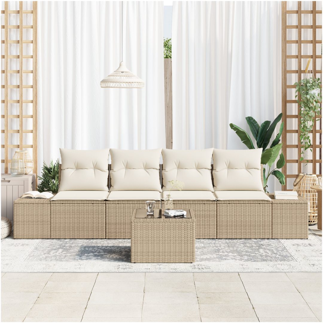 5-delad Trädgårdsoffasats med Dynor Beige Poly Rattan vidaXL 55 x 55 x 37 cm – bild 3
