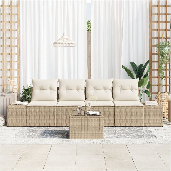 5-delad Trädgårdsoffasats med Dynor Beige Poly Rattan vidaXL 55 x 55 x 37 cm – bild 3