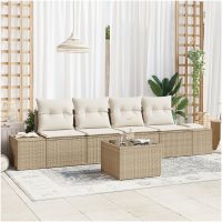5-delad Trädgårdsoffasats med Dynor Beige Poly Rattan vidaXL