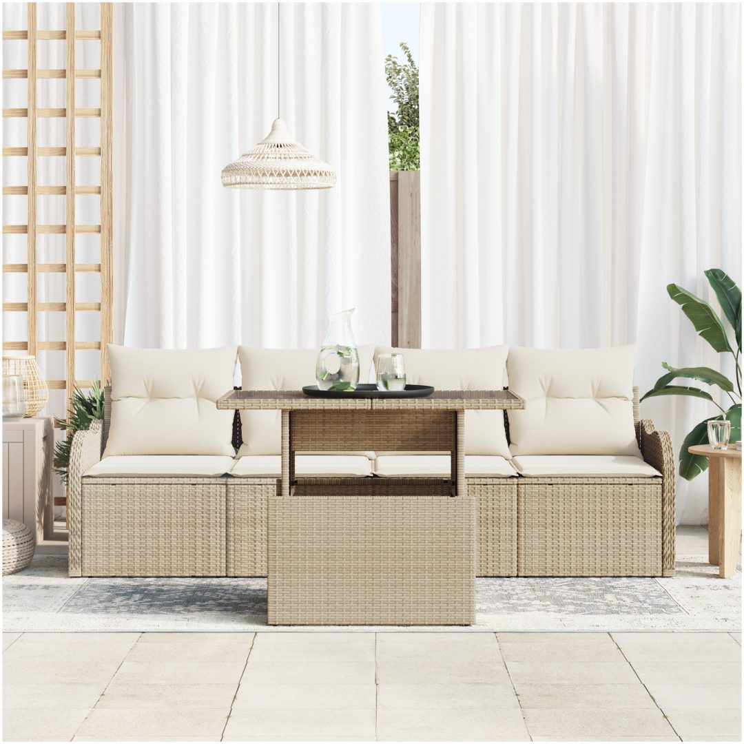 5-delad trädgårdsoffasats med kuddar beige poly-rotting vidaXL Medium – bild 3