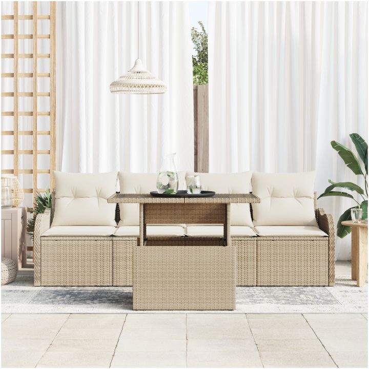 5-delad trädgårdsoffasats med kuddar beige poly-rotting vidaXL Medium – bild 3