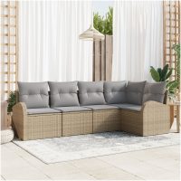 5-delad trädgårdsoffaset med kuddar beige polyrotting vidaXL