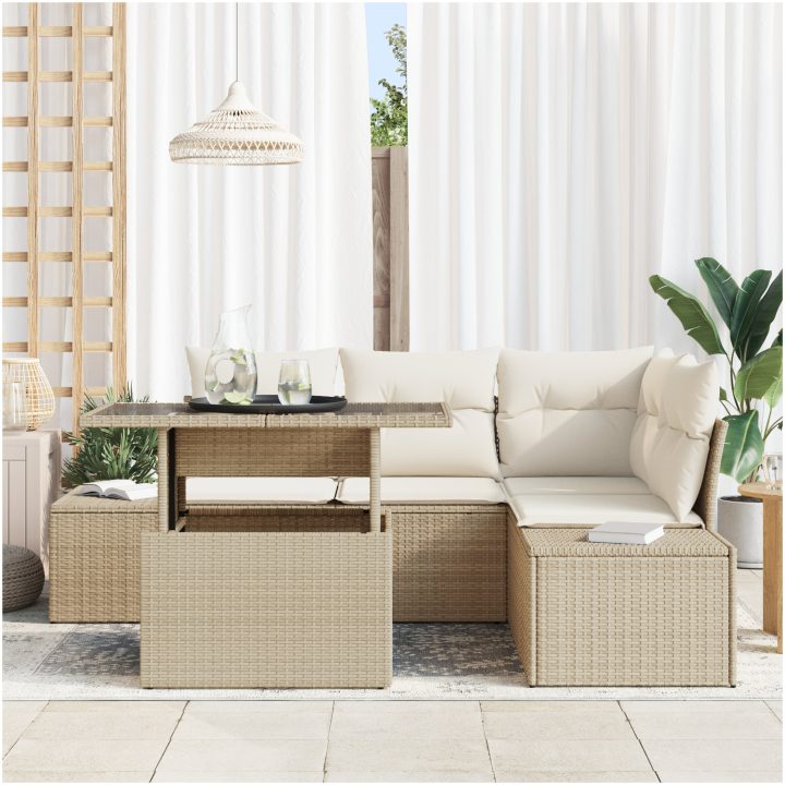 5-delad trädgårdsoffaset med kuddar i beige polyrotäng vidaXL 100 x 55 x 73 cm – bild 3