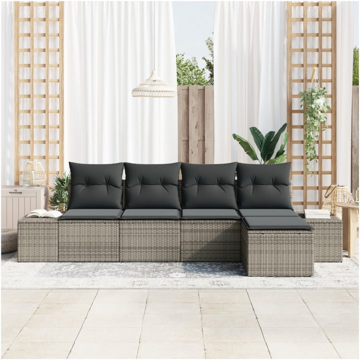 5-delad trädgårdsoffaset med kuddar i grå polyrotting vidaXL 294 x 117 x 85 cm – bild 3
