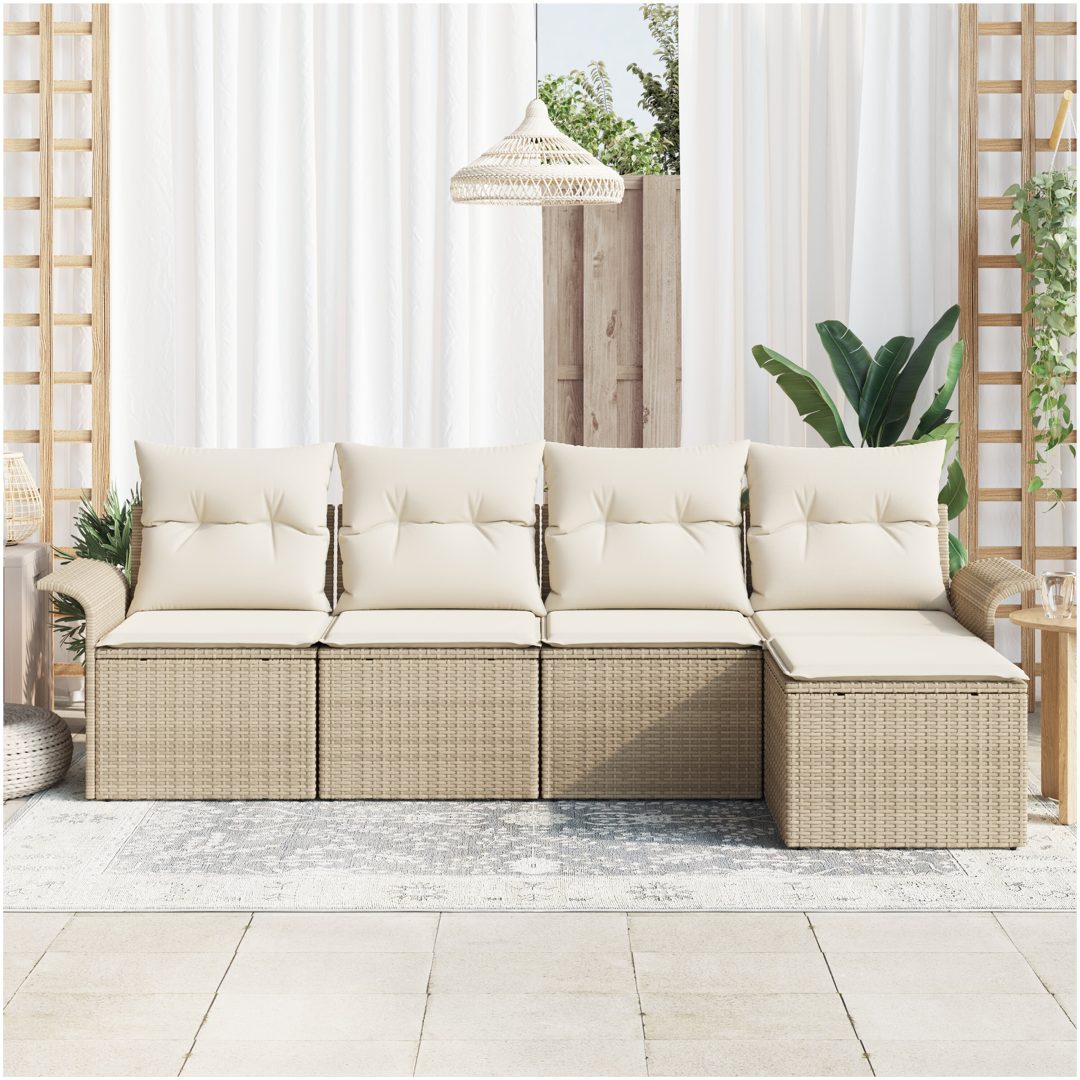 5-delad Trädgårdsoffasett med kuddar Beige Poly Rattan vidaXL Stor – bild 3