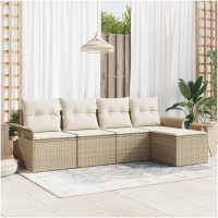 5-delad Trädgårdsoffasett med kuddar Beige Poly Rattan vidaXL