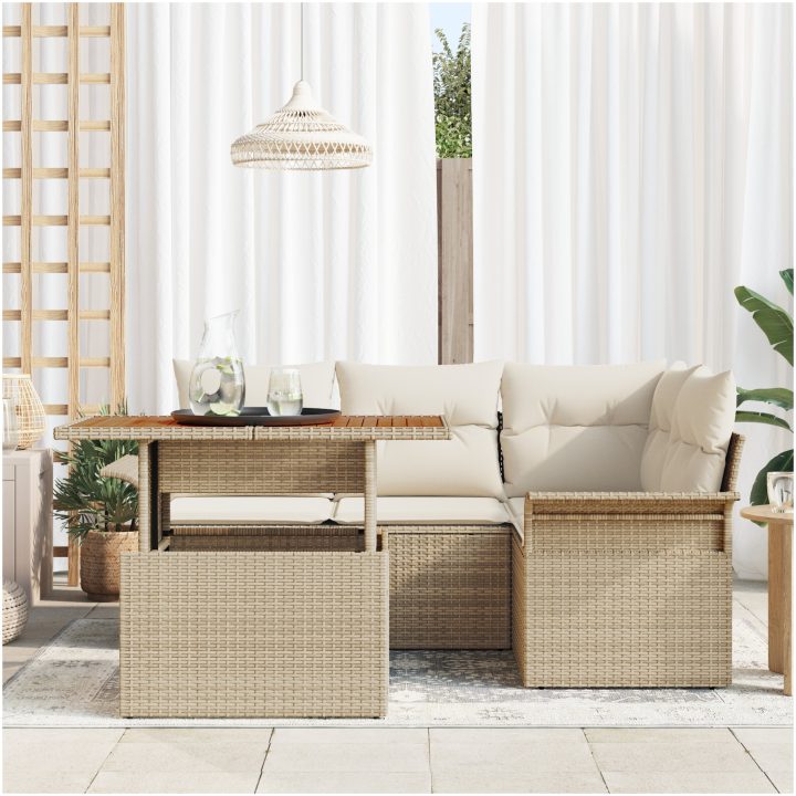 5 delad Trädgårdsoffasett med kuddar Beige Poly Rattan vidaXL Stor – bild 3