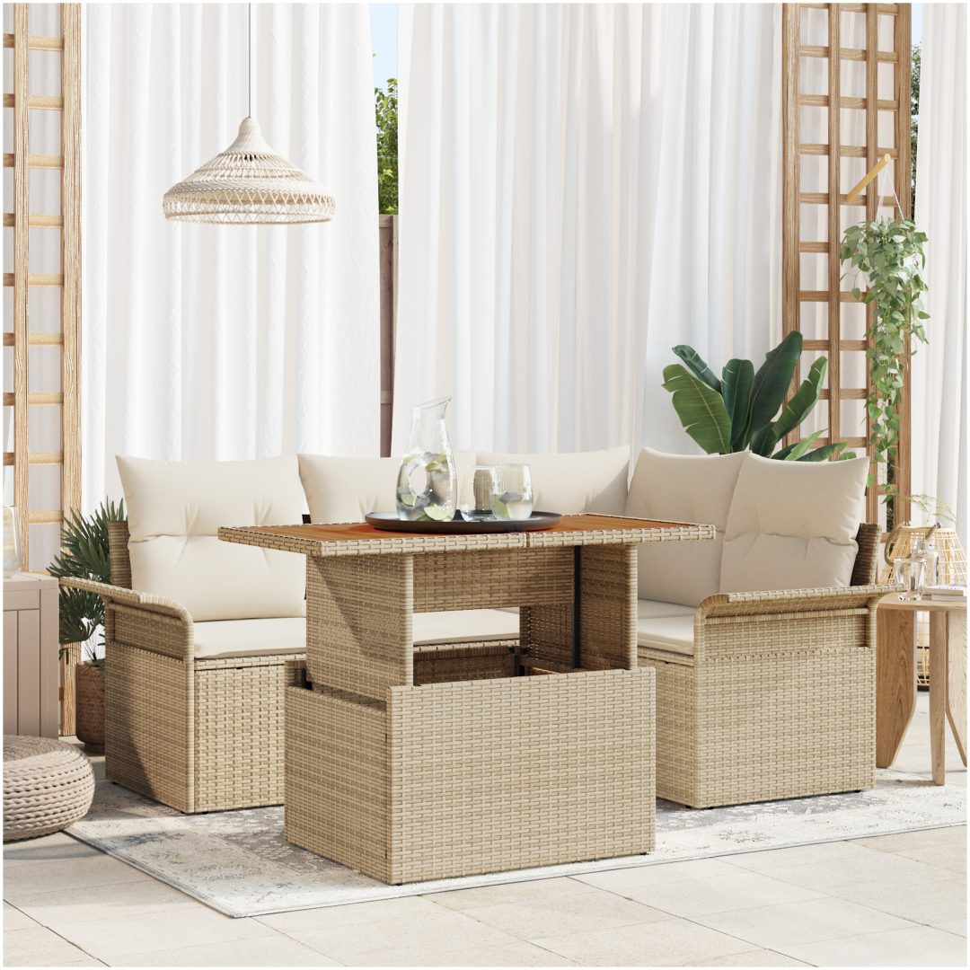 5 delad Trädgårdsoffasett med kuddar Beige Poly Rattan vidaXL Stor