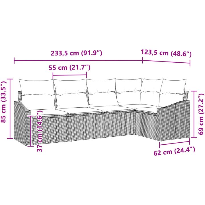 5-delad Trädgårdsoffasett med kuddar beige polyrotting vidaXL 233.5 x 123.5 x 85 cm – bild 8