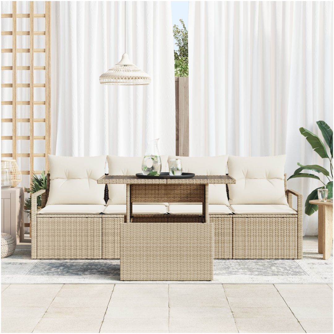 5-delad trädgårdsoffgrupp med kuddar beige poly rattan vidaXL Stor – bild 3