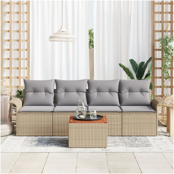 5-delad trädgårdsoffgrupp med kuddar Beige Poly-Rotting Akacia vidaXL 55 x 55 x 37 cm – bild 3