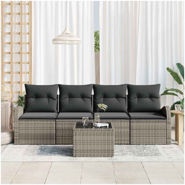 5-delad trädgårdsoffgrupp med kuddar Grå Poly Rattan vidaXL 55 x 55 x 37 cm – bild 3