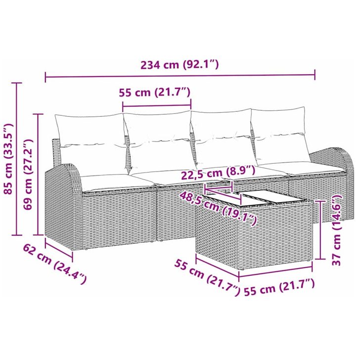 5-delad trädgårdsoffgrupp med kuddar Grå Poly Rattan vidaXL 55 x 55 x 37 cm – bild 8